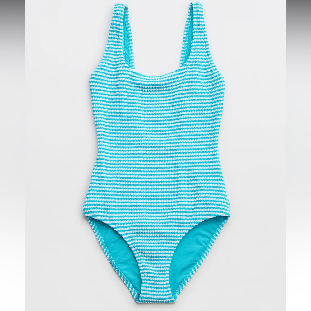 Aerie Crinkle Stripe Wide Strap Scoop One Piece Swimsuit